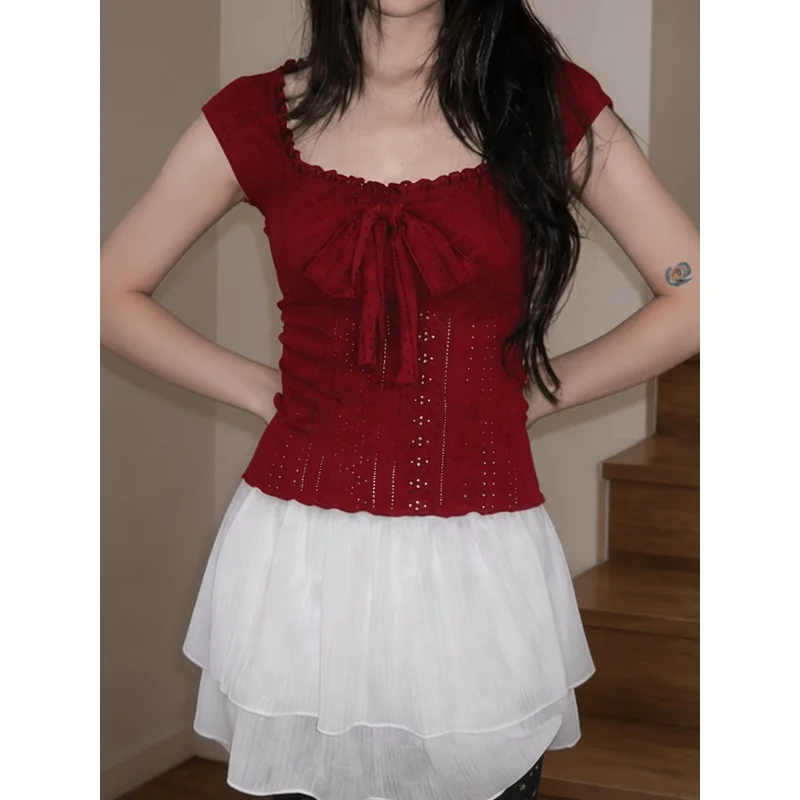Jacquard Hollow-Out Vest Burgundy Desire Girly Bow Square Neck Sleeveless Top New