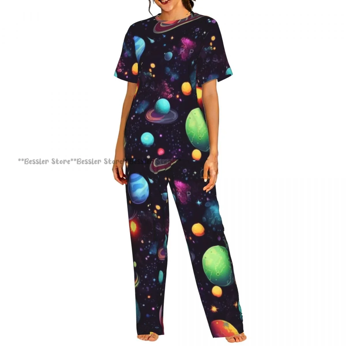 

Women's Comfort Pajamas Women's Planets Stars And Galaxies Print Short Sleeve Set Sleepwear