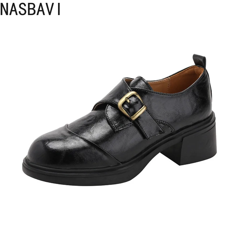 Ladies Retro Round Toe Sheepskin Women's Vintage Work Buckle Comfortable British Style Commute Loafers Soft Leather Single Shoes