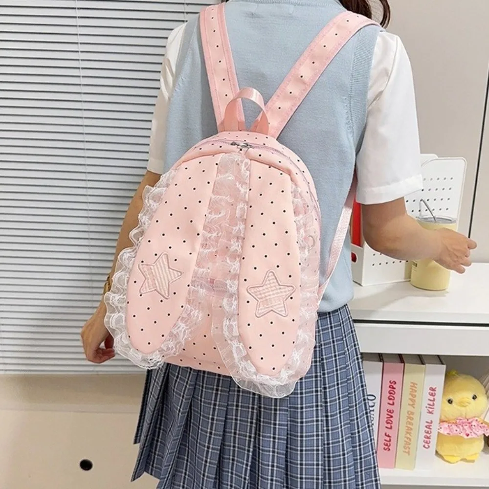 Casual Star Bunny Ear Backpack Love Heart Lace Rabbit Ear School Bag Large Capacity Nylon Polka Dot Backpack Women