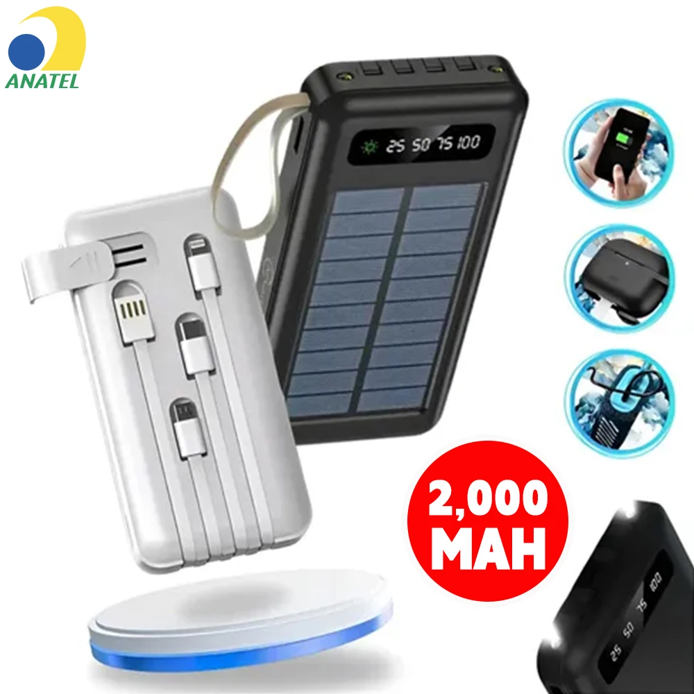 Bateria Externa Solar 20000mAh com 4 Cabos Embutidos, Lanterna LED, Powerbank Portátil para Celular e Notebook