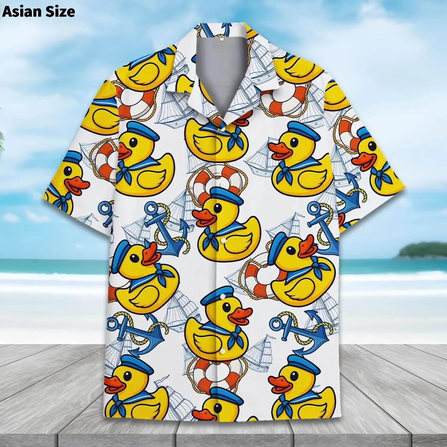 Men Short Sleeve Button Down Shirt Cute Sailor Rubber Duck Anchor Nautical Print Comfortable Loose Summer Beach Hawaiian Shirt