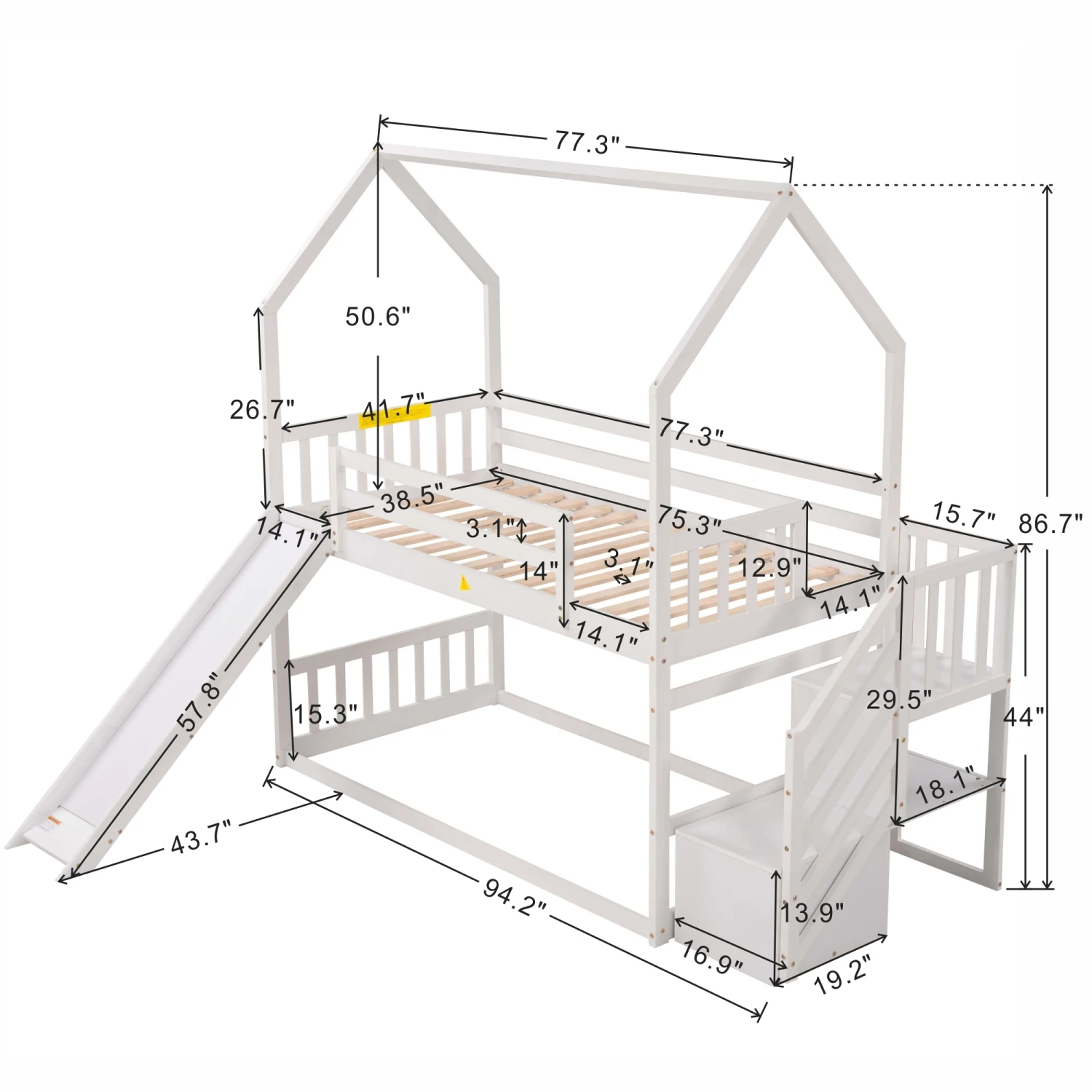 Двухъярусная кровать Twin over Twin House с раскладывающейся горкой, лестницей для хранения вещей, белый