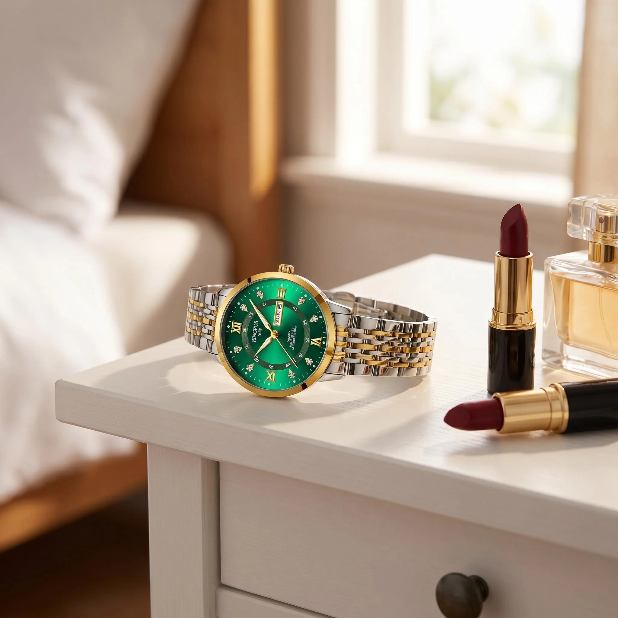 Women's green quartz watch with a gold-and-silver strap—a stylish, affordable luxury piece perfect for everyday business travel.