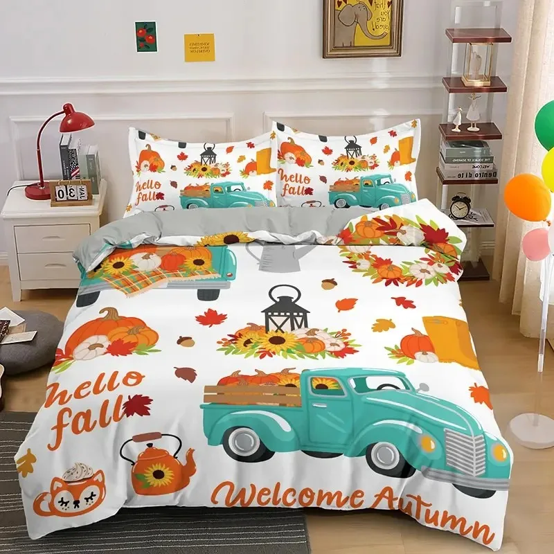 Autumn Pumpkin Truck Bedding Set Boys Girls Twin Queen Size Happy Fall Thanksgiving Duvet Cover Pillowcase Bed Kids Adult