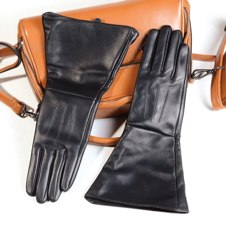 35cm Women's Black Sheepskin Real Leather Retro Medieval Renaissance Long Cuff Gauntlet Gloves