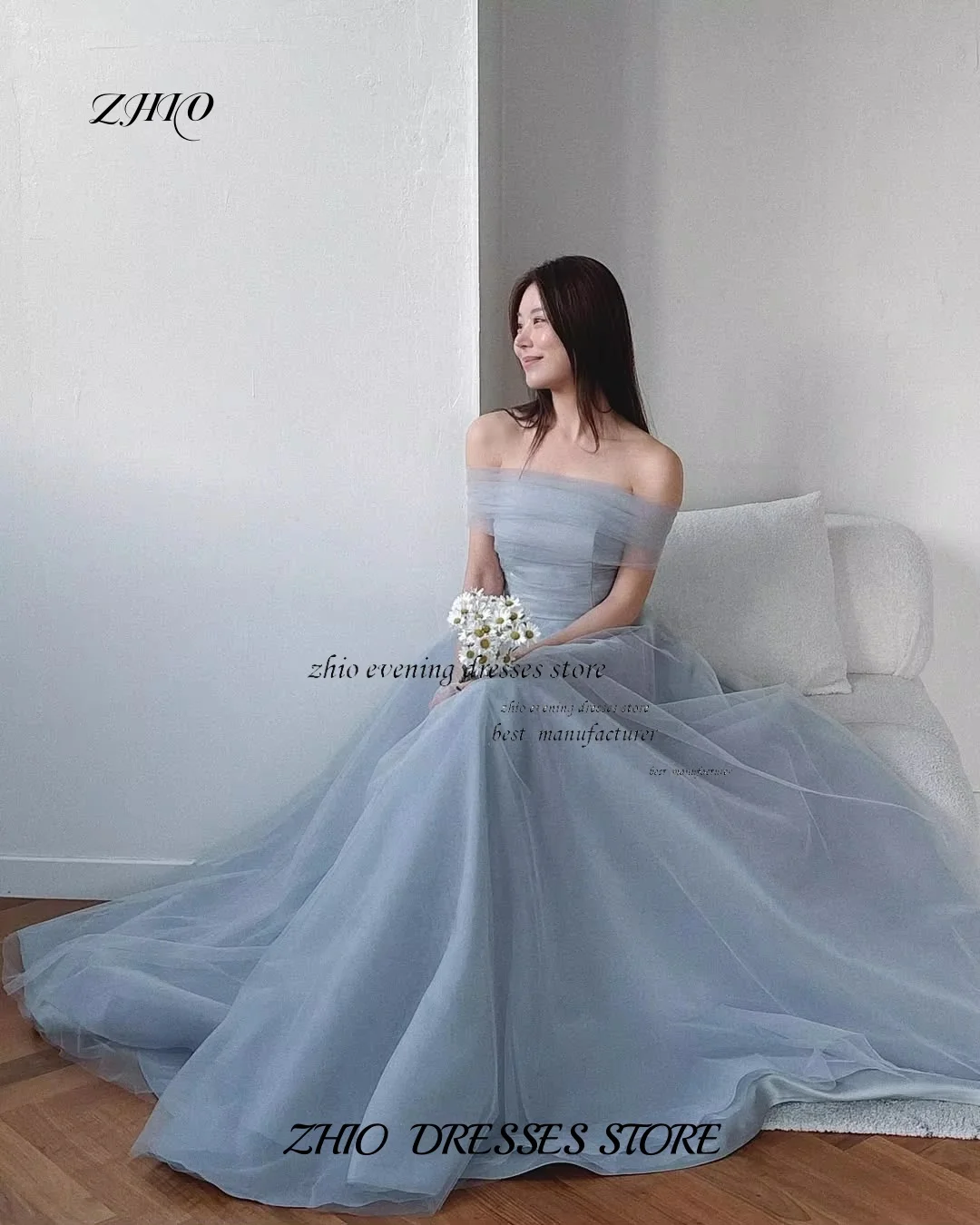 Sukienka ślubna ZHIO, niebieska, koreańska, na zamówienie, linia A, tiulowa, gorsetowa, plisowana, do ziemi, zapinana na zatrzaski, 웨딩드레스