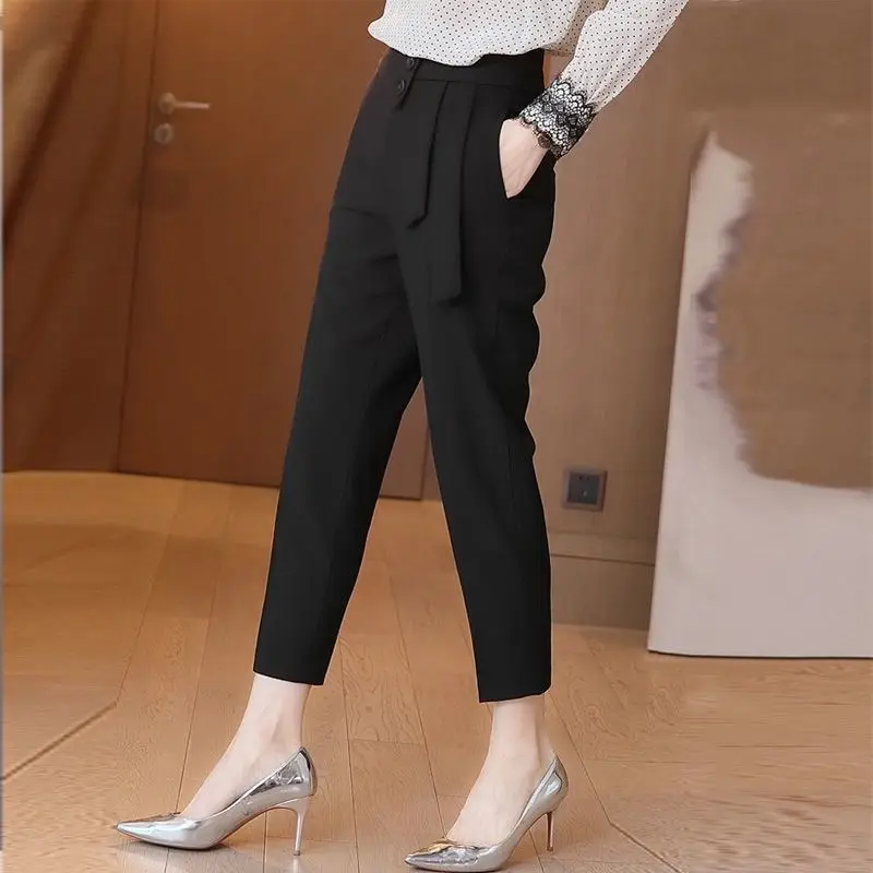 Pantalones de traje de oficina sencillos para mujer, bolsillos lisos, botón, cremallera, cintura alta, elegante, Delgado, Haren, hasta el tobillo, Verano