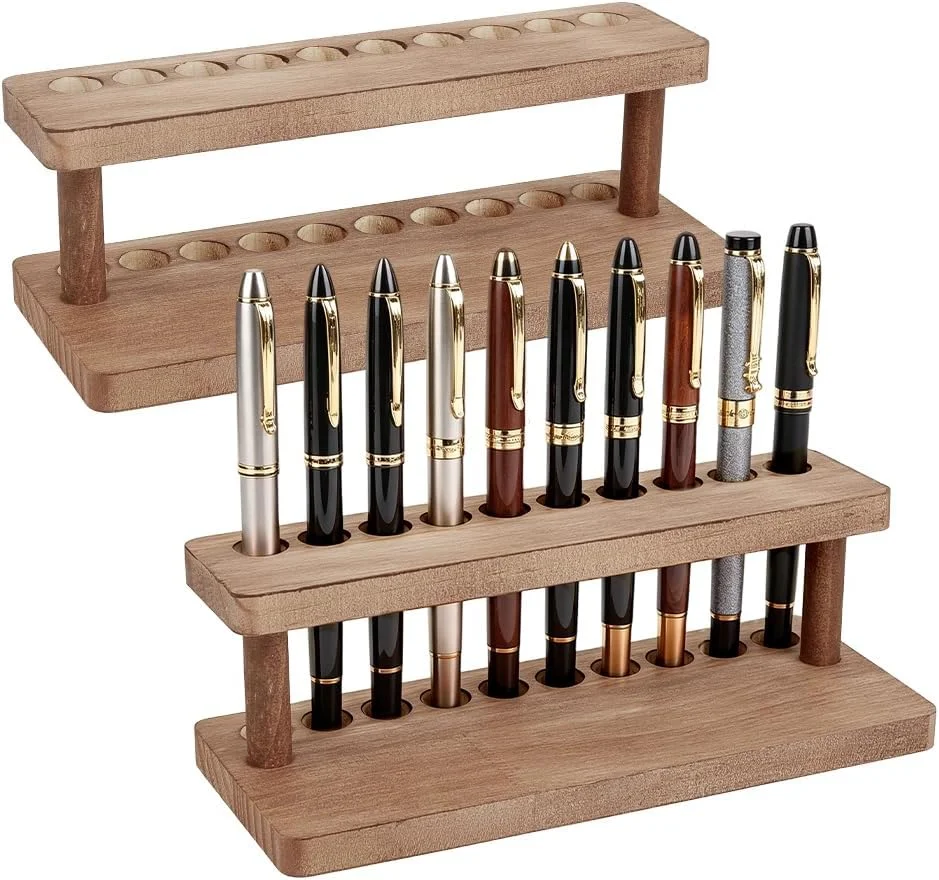 10-Slot Wood Pen Display Stand Coconut Brown Solid Wood Vertical Desk Organizer with Hardwood Finish Fountain Pen Holder