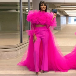 Fashion Hot Pink Women Pant Set To Party See Thru Full Sleeves Ruffles Tulle Blouse With Loose Pant Maxi Women Dress Prom Gowns