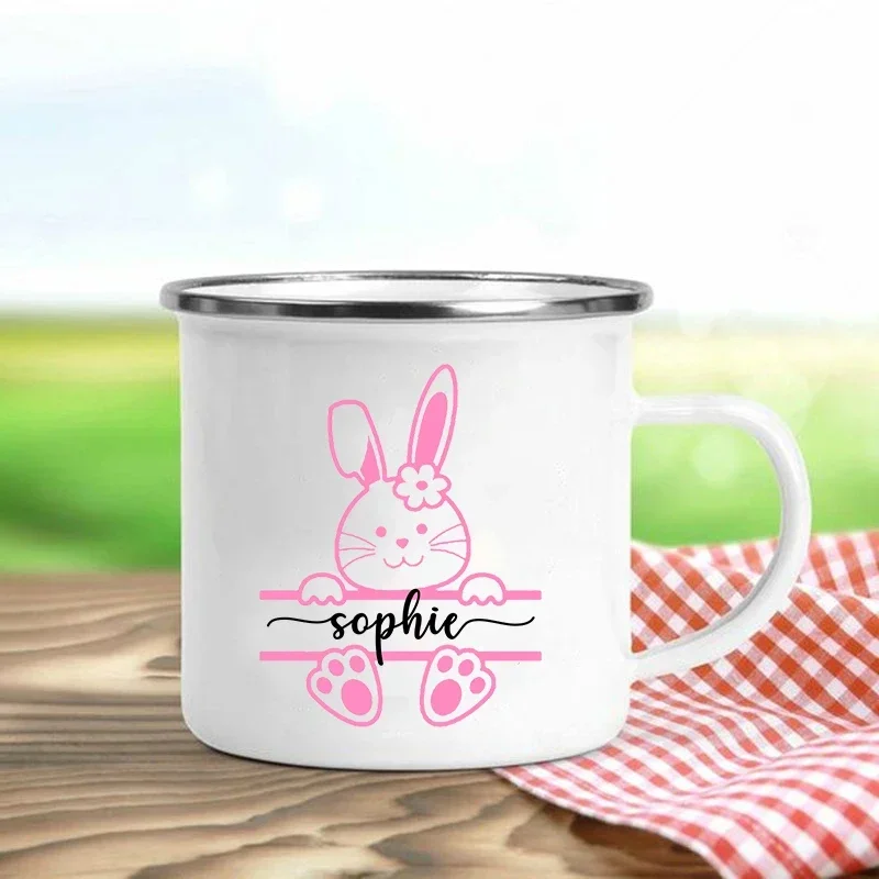 Personalized Rabbit Enamel Mugs with Custom Name, Coffee, Tea, Drinks, Dessert, Breakfast, Milk Cups Handle Drinkware Easter Gif