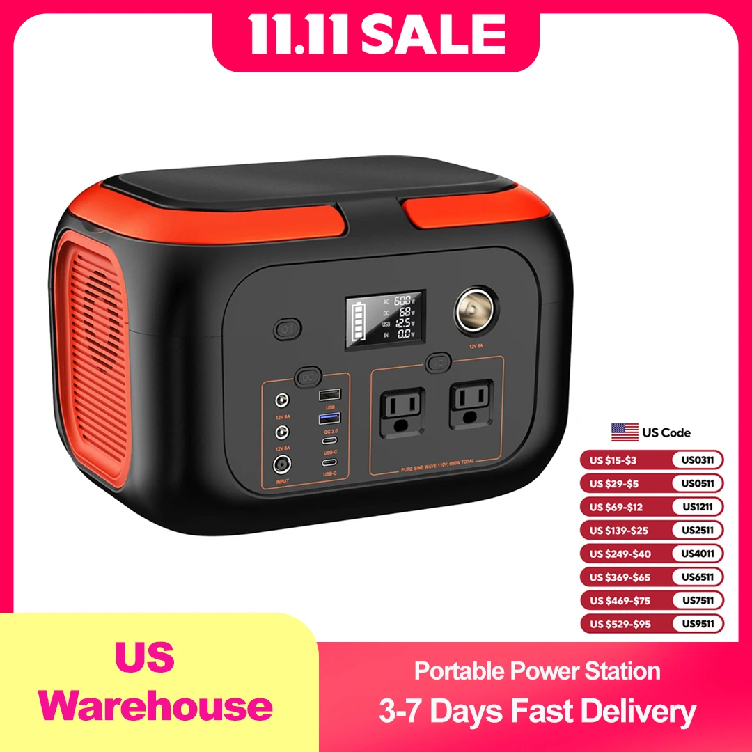Portable Power Station 600W 296Wh/80000mAh Backup Lithium Battery Pack Bank 110V Pure Sine Wave AC Outlet Solar Generator