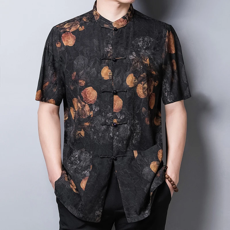 

Tang Costume Frog Silk Shirts For Men Short Sleeve Lightweight Summer Quality Gambiered Canton Gauze Gentleman Camisas De Hombre