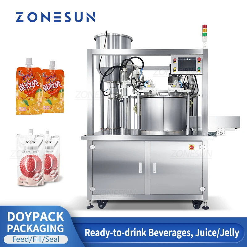 ZONESUN Automatico Doypack Sacchetto di Plastica Alimentazione Gelatina Bevande Detergente Imballaggio con Trasportatore Servo Riempitrice Tappatrice