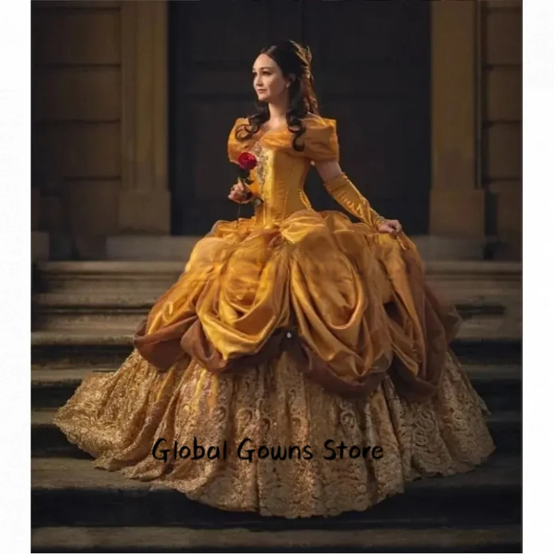 

Gold Princess Evening Dress Luxury Strapless Satin Pleated Embroidered Appliqued Opera Halloween Customised Party