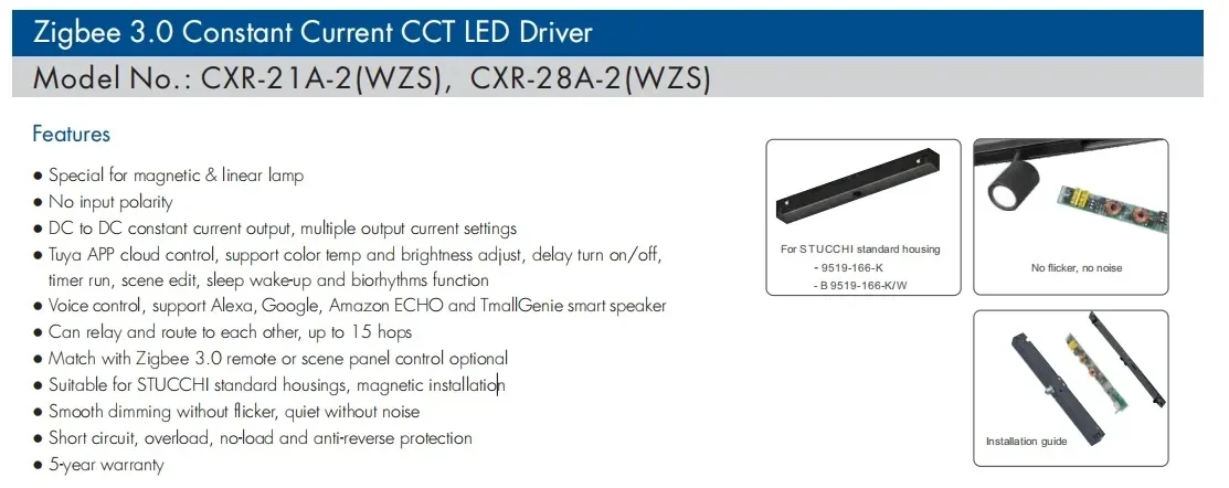 10-42VDC ซิกผึ้ง1CH ไดรเวอร์2CH/ไฟ LED แบบต่อเนื่อง (150-500MA หรือ350-700MA) พร้อมแอป Tuya ควบคุมด้วยเสียงสำหรับโคมไฟเชิงเส้นแม่เหล็ก