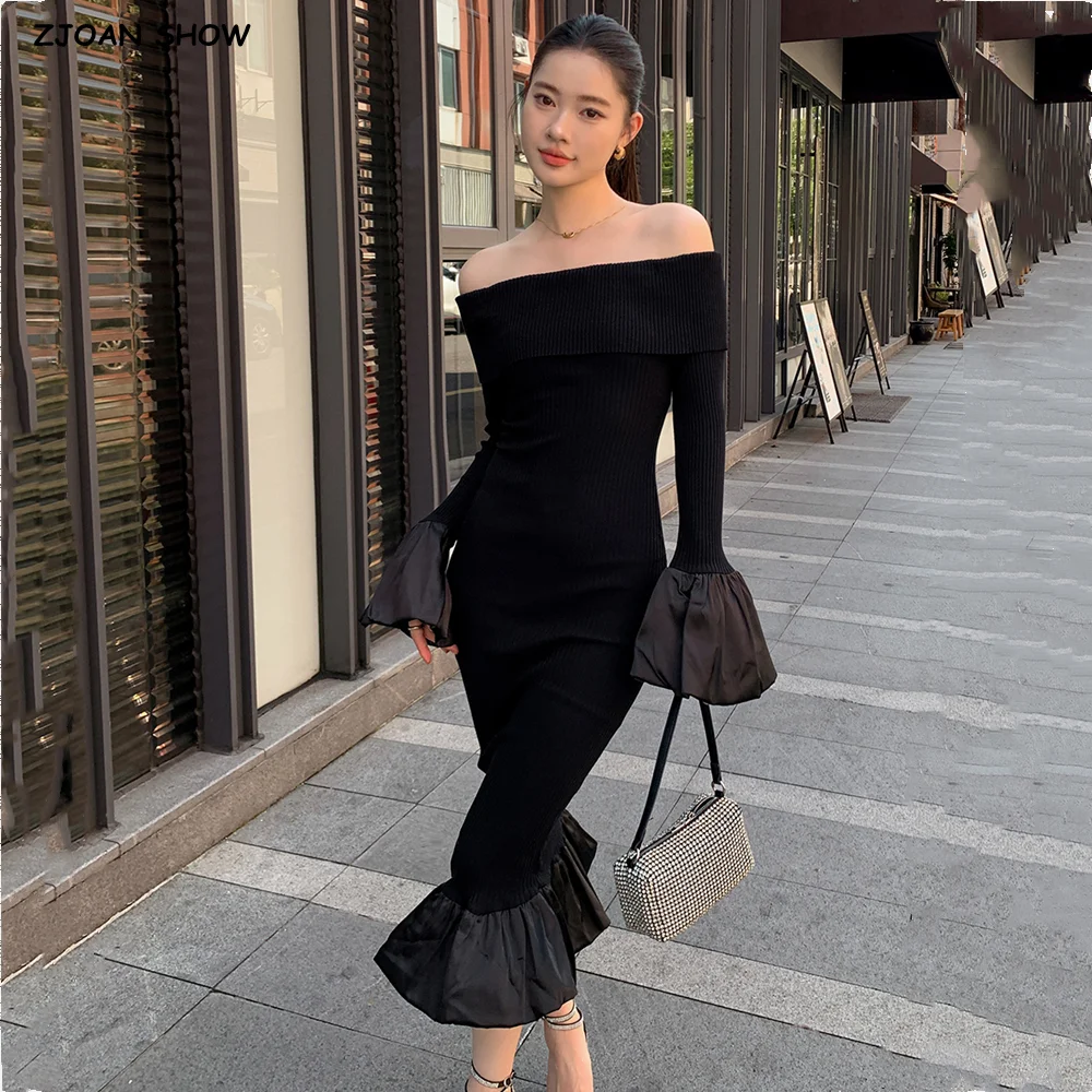 

2025 Sexy Slash Off Shoulder Knitted Long Mermaid Dress Women Flare Sleeve Bodycon Package Hips Satin Ruffles Hem Fishtail Robe