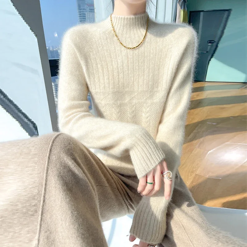 

Textured Long Sleeve Knitted Base Shirt Women's Half High Collar Inner Warm Sweater 2025 New Soft Commute Small Shirt