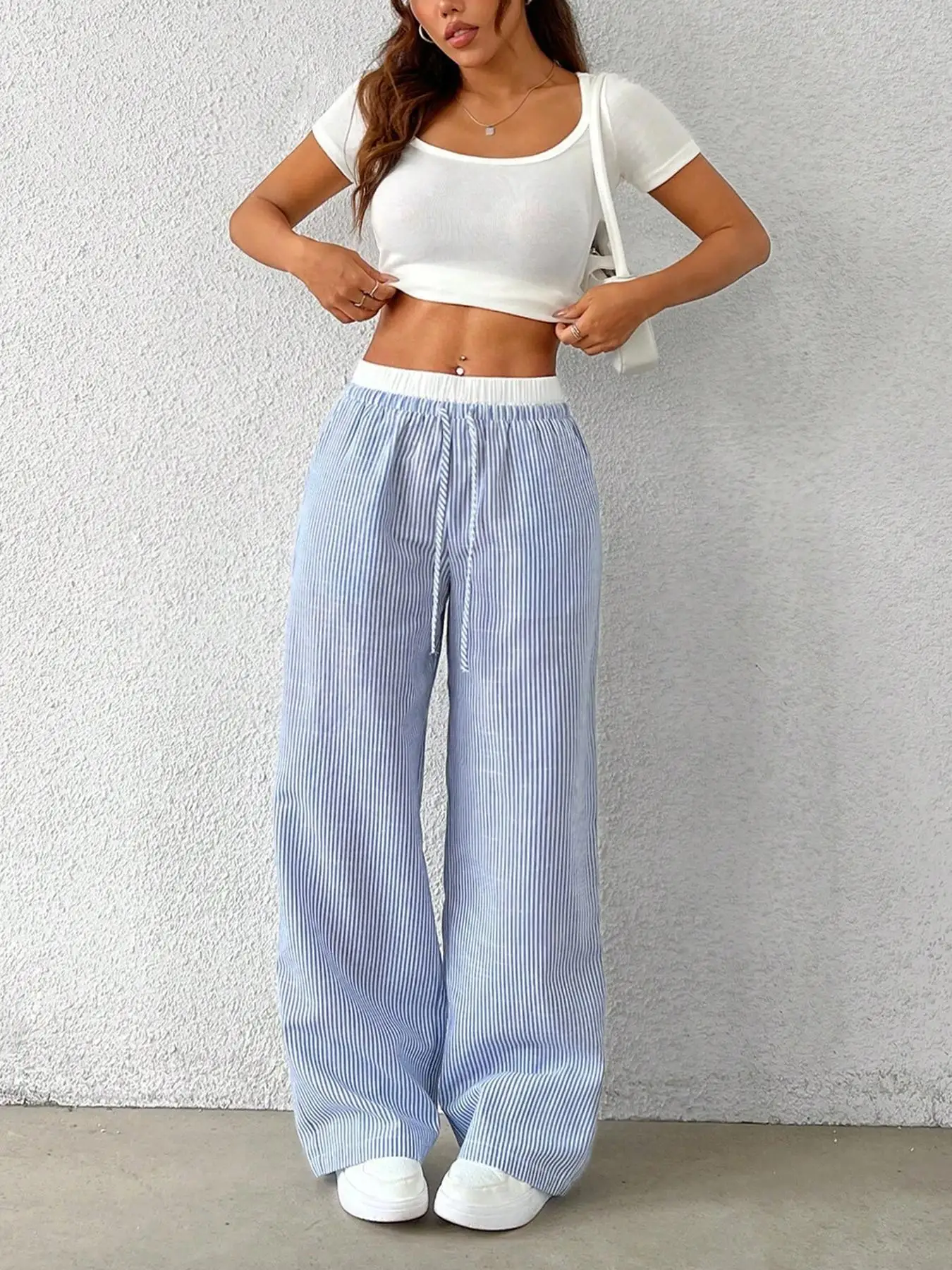 XIZOU Women's Casual Striped Woven Wide Leg Pants Fall Winter 2025 Casual Stylish Full Length Trousers Y2K Clothes Streetwea