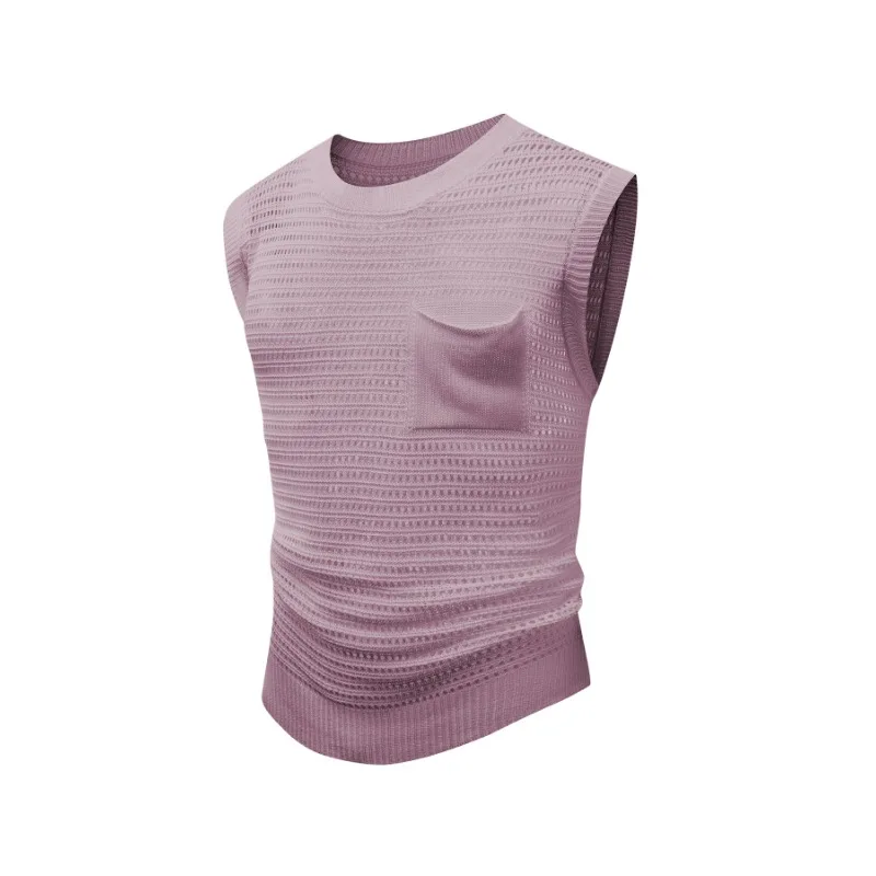 Men European Size Solid Hollow Ice Knit Crew Neck Short Sleeve T-shirt Summer Soft Trendy Versatile Top