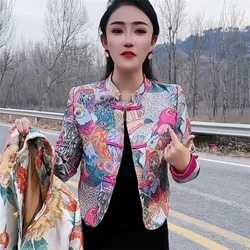 Outerwears Jackets Women's Jacket Chinese Guofeng Heavy Industry Printed Top Retro Temperament Buckle Fashion Collar Joker Coat