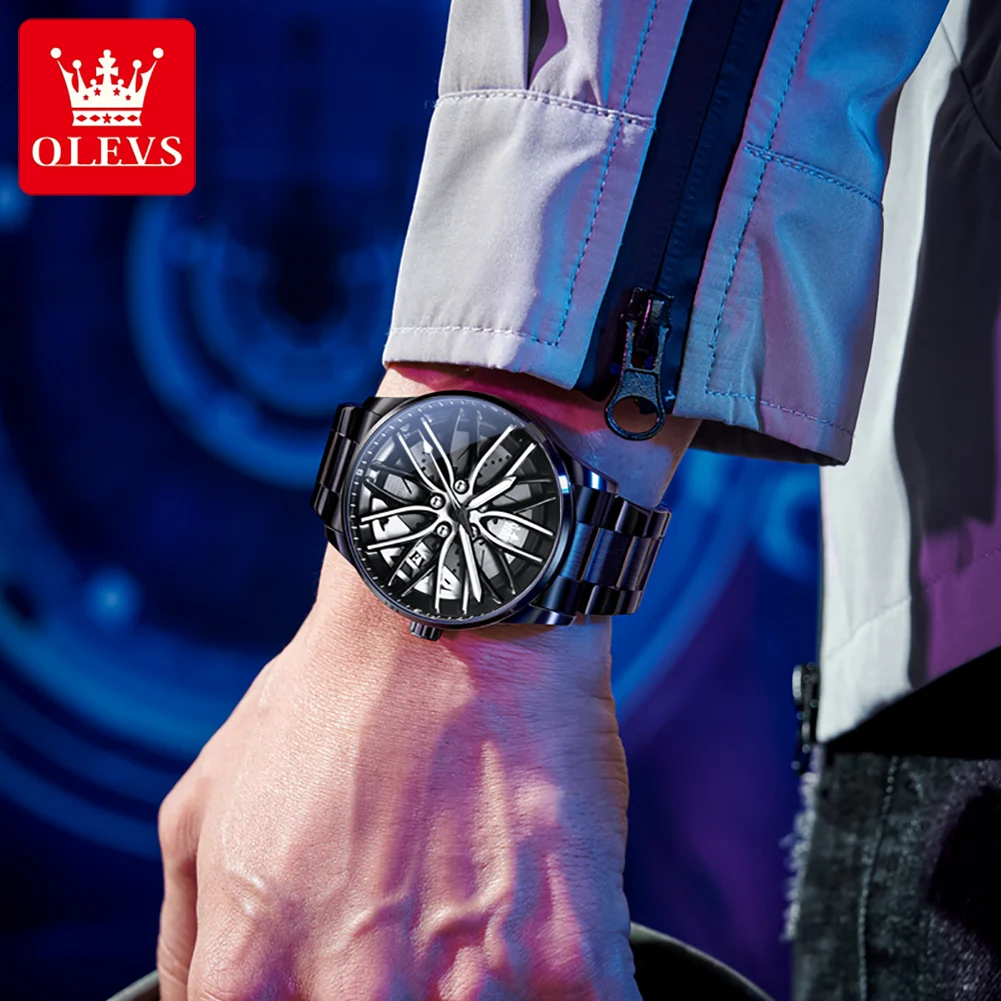 OLEVS Mens Watch Creative 3D Spinning Car Wheel Rotating Watches Rim Hub Design Fashion Quartz Watch Gifts for Car Enthusiasts