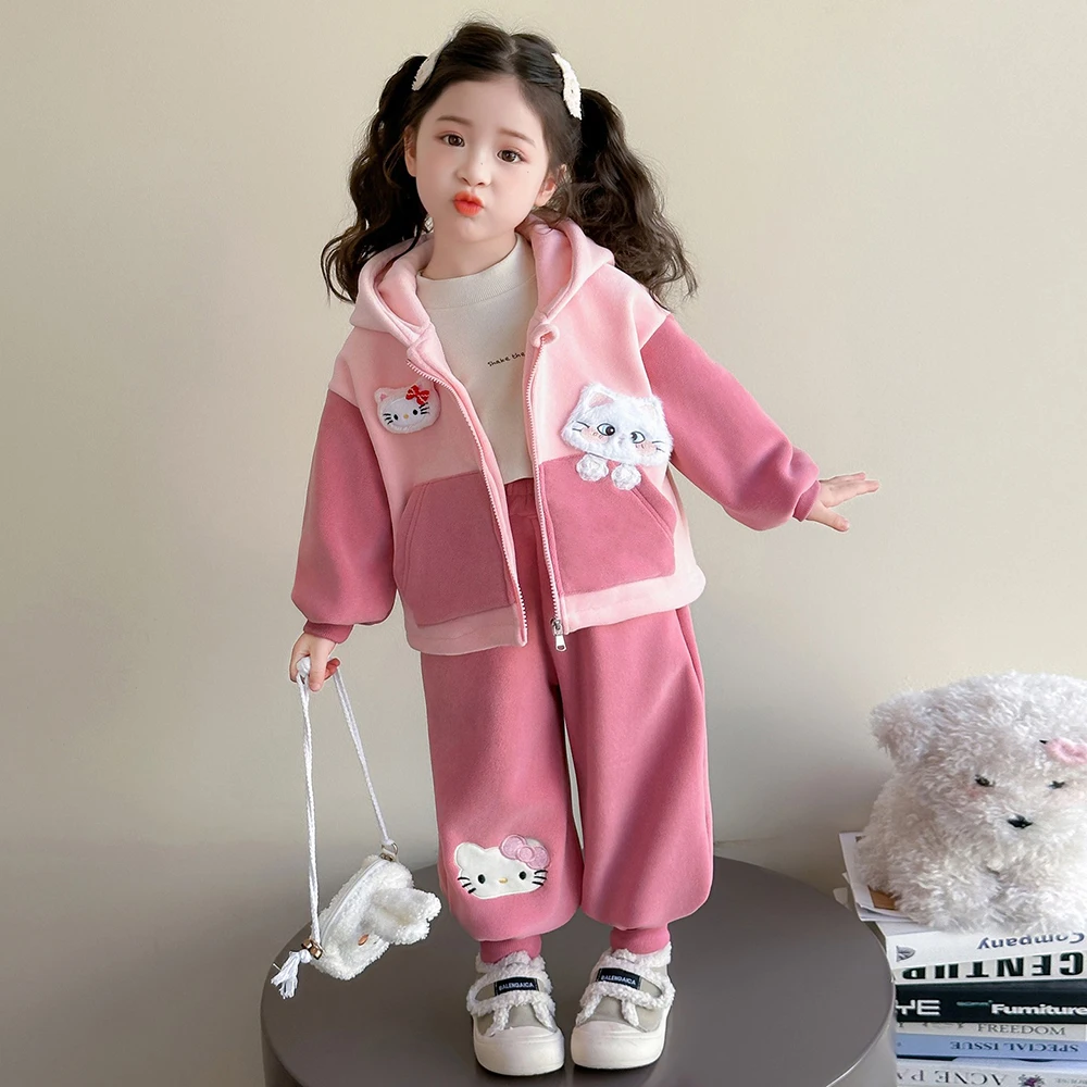 

Girls' Hello Kitty 2Piece Hooded Set 2025 Winter Korean Style Children Fleece-Lined Lace Sweatshirt+Leopard Print Pants Outfit