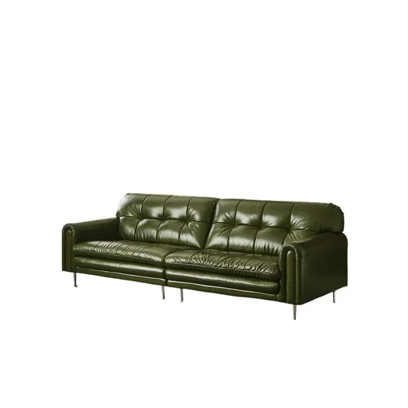 

Retro oil wax leather leather small apartment living room green straight sofa
