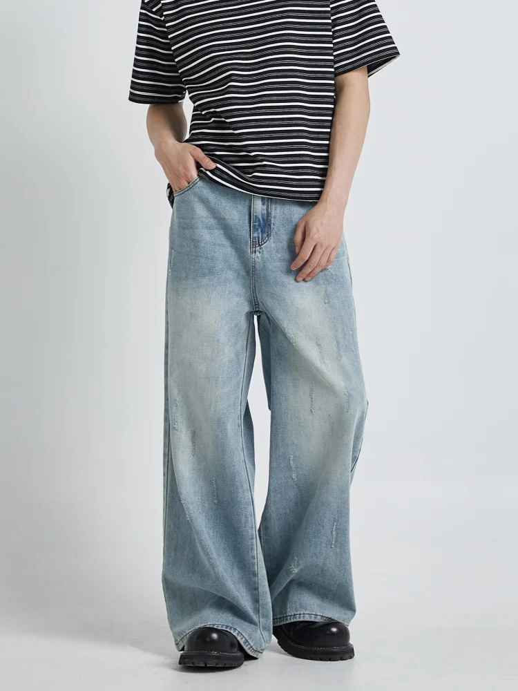الرجعية الأمريكية Waed الرجال مستقيم الساق واسعة الساق الجينز الصيف جديد Sle التخسيس فضفاض ثنى الطابق طول الدنيم السراويل