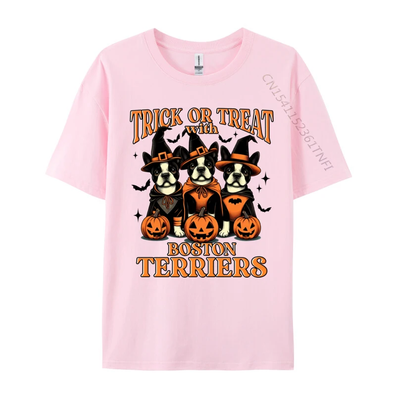 Trick Or Treat With A Boston Terriers Halloween Season Design Cotton T Shirt for Men Casual Tops Tees Company Casual