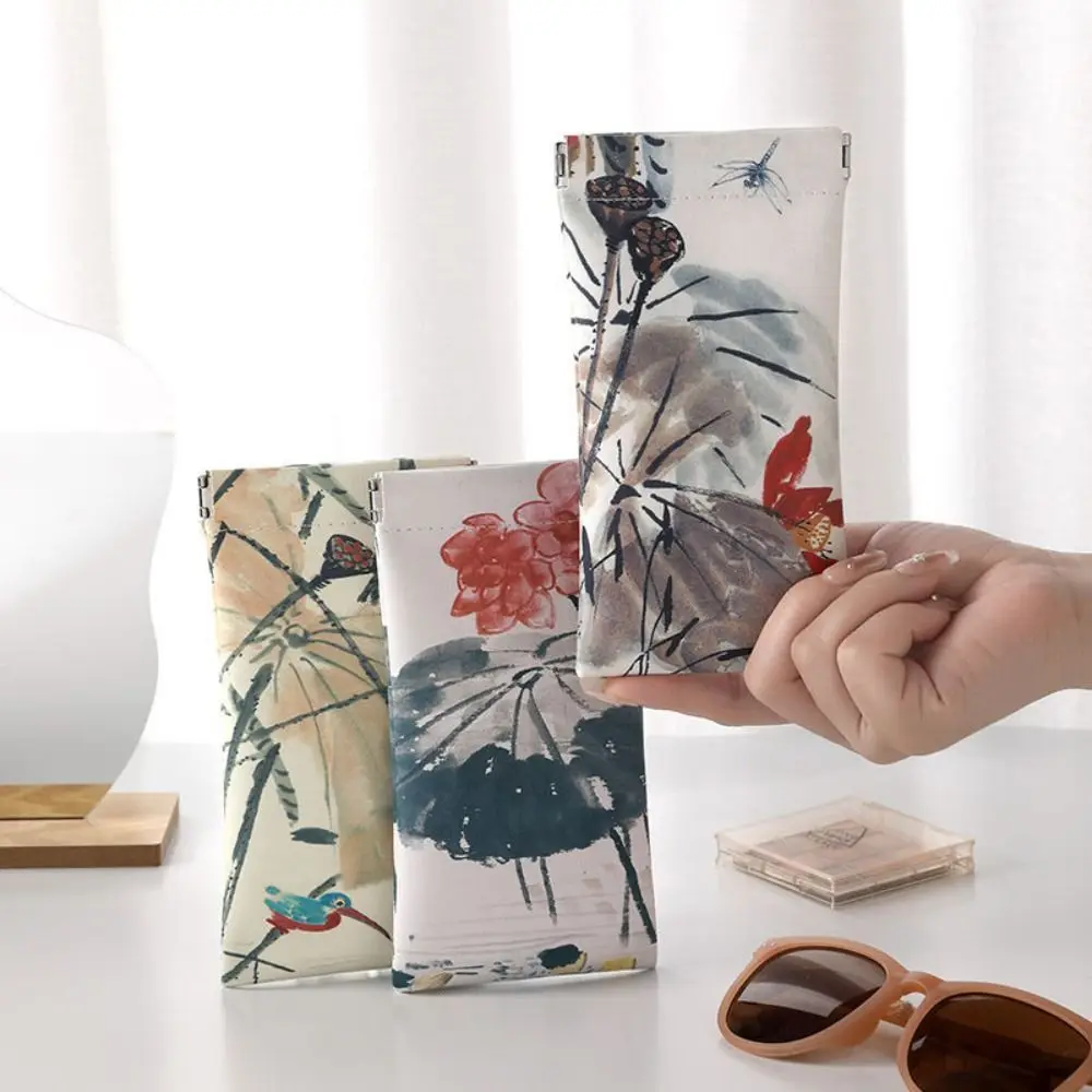 

Chinese Ink Painting Self-closing Glasses Case Flower PU Leather Pu Leather Glasses Case Lotus Leaf Glasses Protective