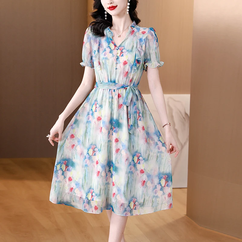 2023 Women's Dress Silk Printed Summer Short Sleeve French Tea Break Chiffon Holiday Style Long Dress Loose Size V-Neck SlimRobe