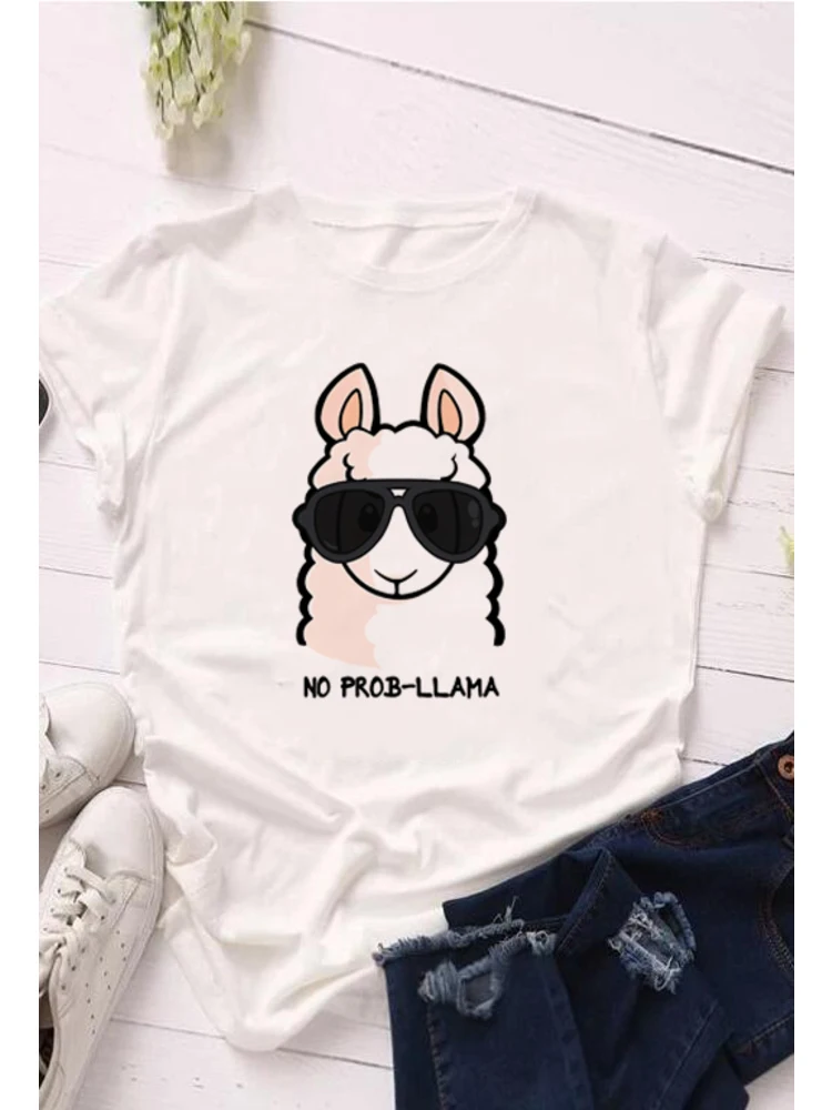 

Summer Women No Prob Llama T-Shirt Cute Cartoon Head Print O Neck Short Sleeve Casual Top Fashion Cute Tee Shirt Clothes