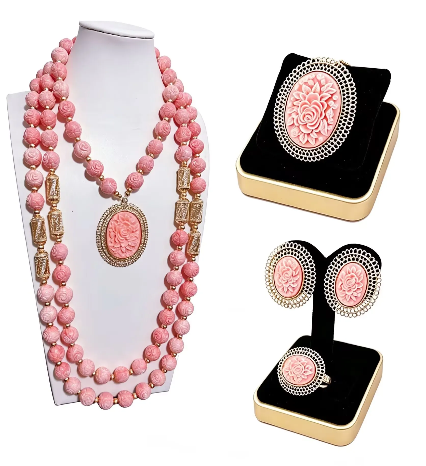 4pcs Coral Beads Jewelry Set Nigerian Wedding Bridal Gold Plated African Jewelry for Black Women