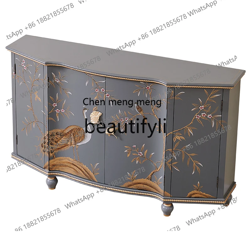 

French modern light luxury mix and match style new Chinese painted peacock entry entrance entrance foyer dining side cabinet