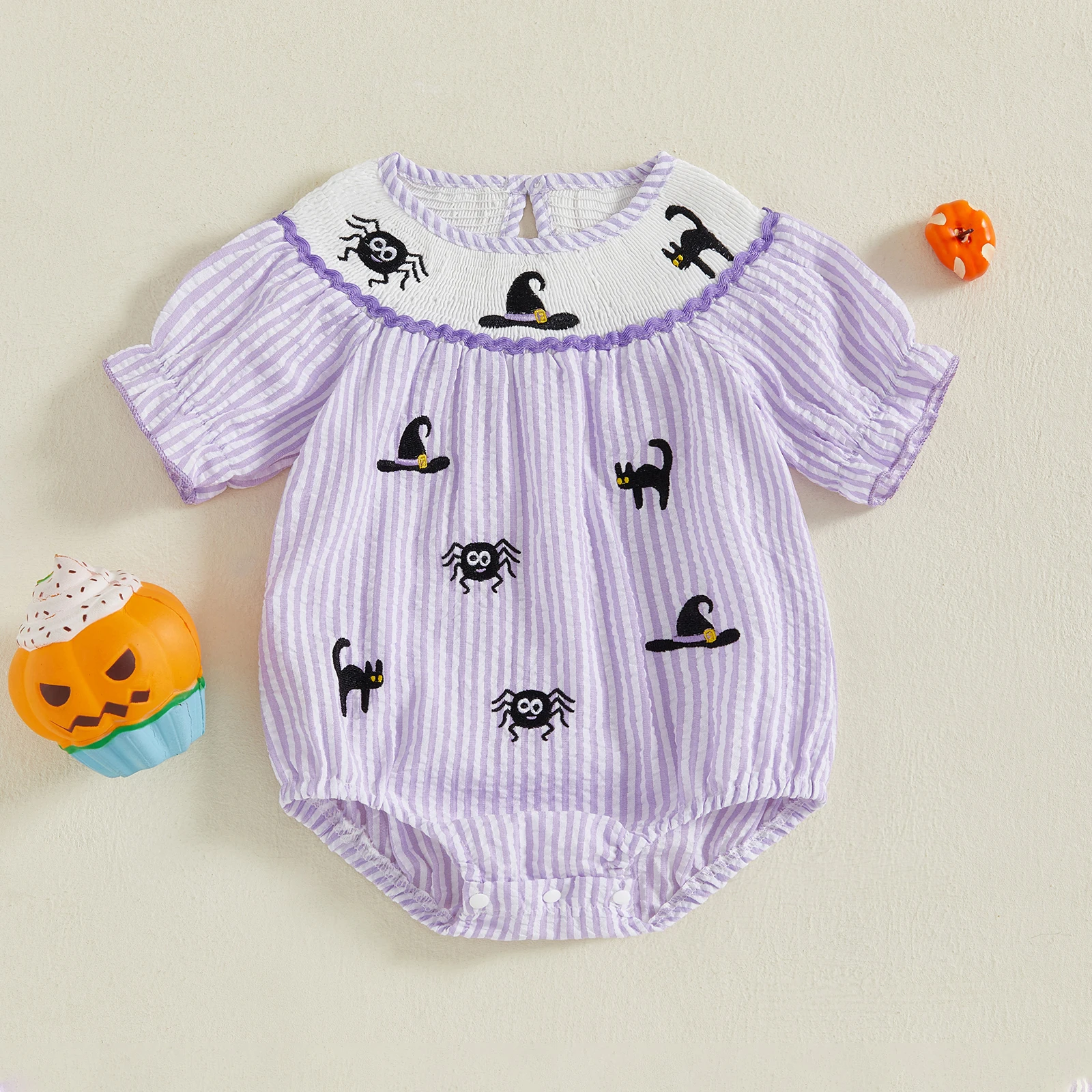 

Baby Girls Romper Short Sleeve Stripes Embroidery Spider Infant Bodysuit Summer Halloween Clothes
