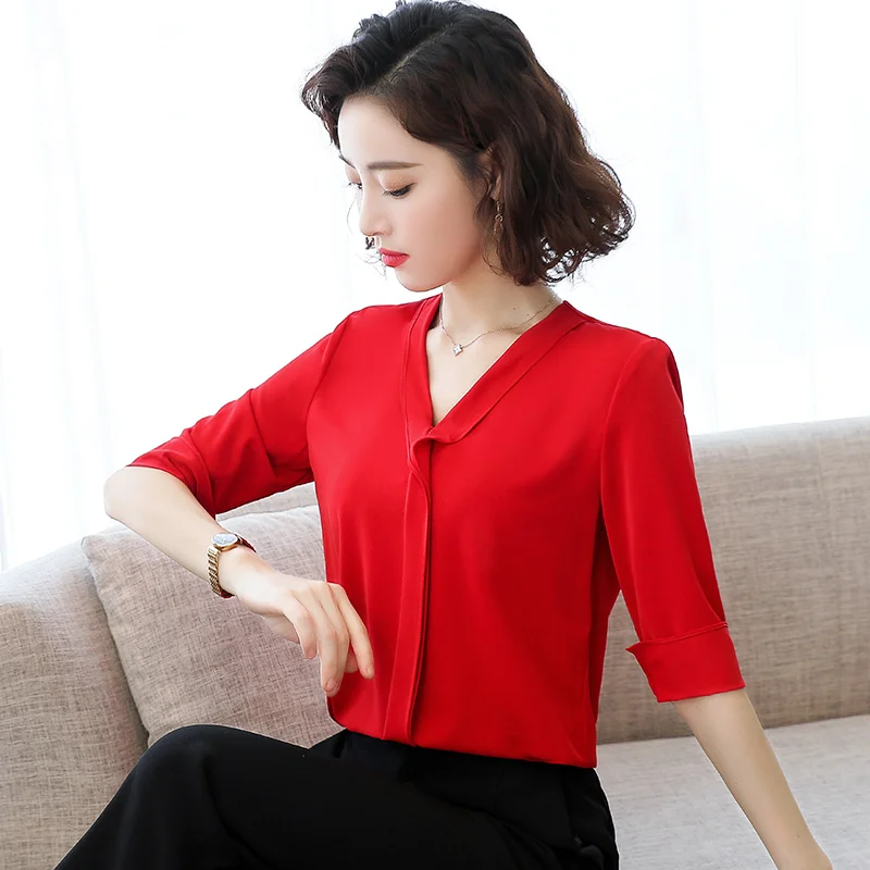 New Women'S Fashion Versatile Thin Chiffon 5-Point Sleeve Shirt Female Casual Korean Edition Summer V-Neck Middle Sleeve Top