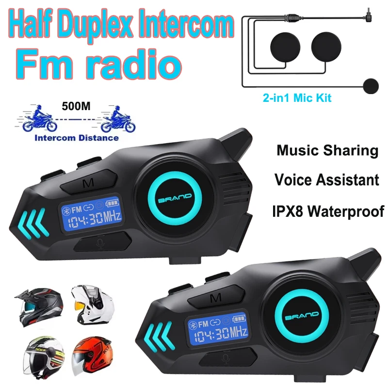 

Motorcycle Helmet Headset FM Radio 500M Half Duplex Intercom For 2 Riders intercommunicator Waterproof Music Sharing Interphone