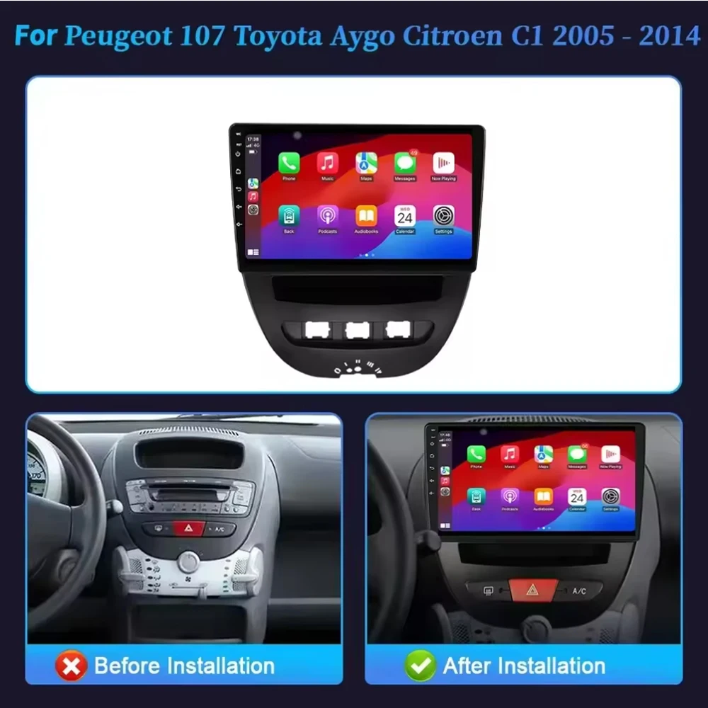 For Peugeot 107 Toyota Aygo Citroen C1 2005-2014 Android 16 Carplay Car Radio Multimedia Video Player Navigation GPS Head Unit W