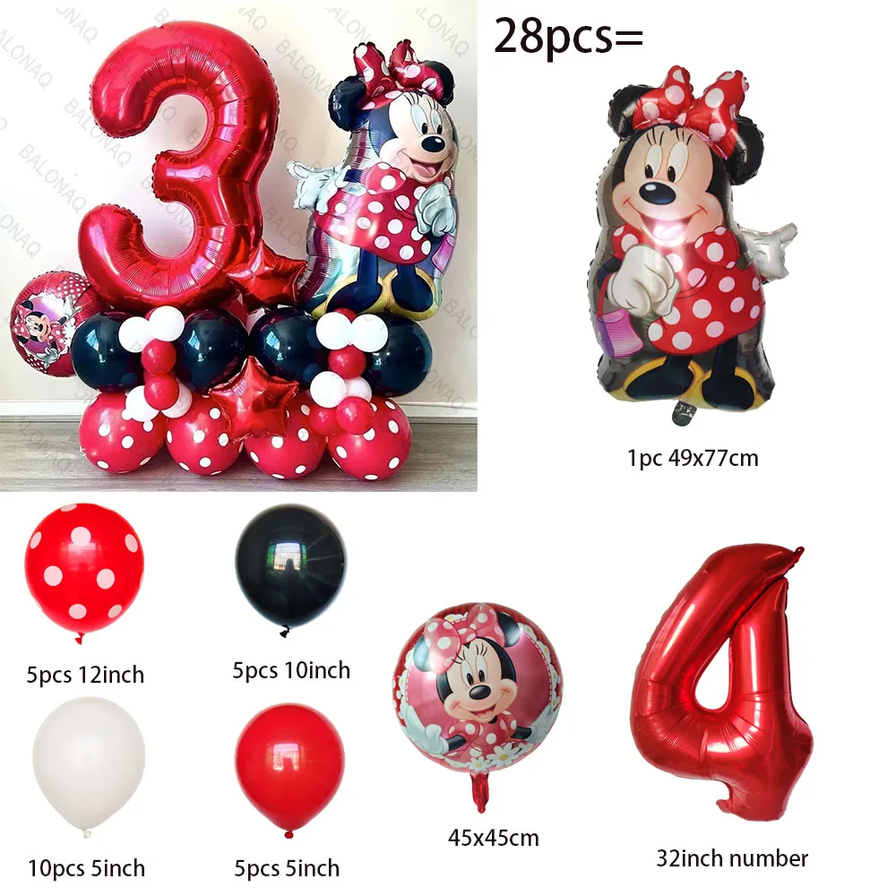 28pcs Disney Red Minnie Mouse Foil Balloons 32 inch Number Birthday Party Balloons Kids Birthday Decorations Baby Shower Ball