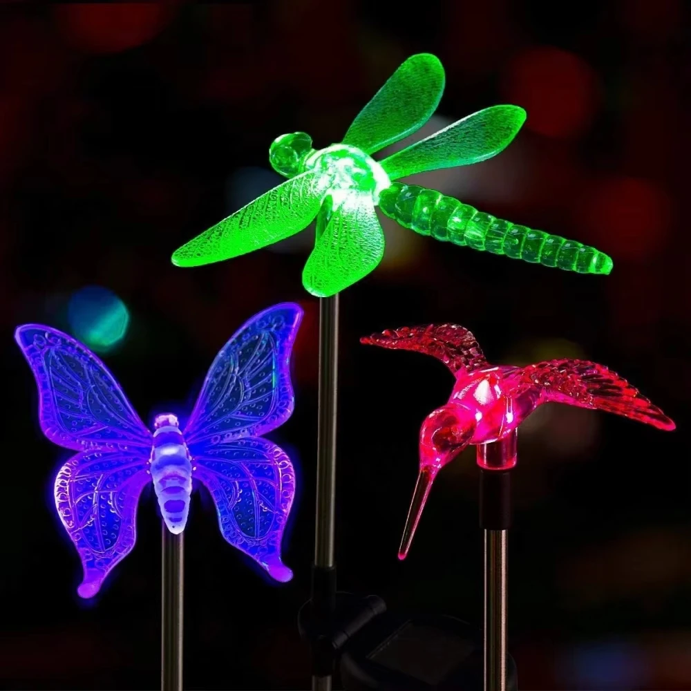 3pcs Solar Garden Stake Light Lights Outdoor Decorations Outside Dragonfly Hummingbird Butterfly LED Lamp Patio Path Decor