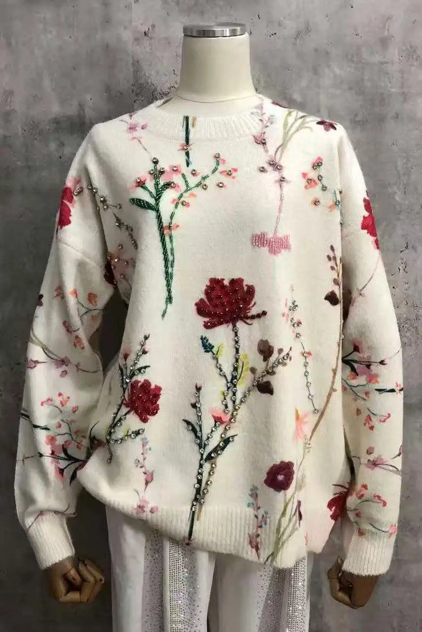 High-end Sparkle Diamonds Flowers Printed Sweater Women\'s Autumn Winter Clothes New Trend Outerwears Knitted Pullover pull femme