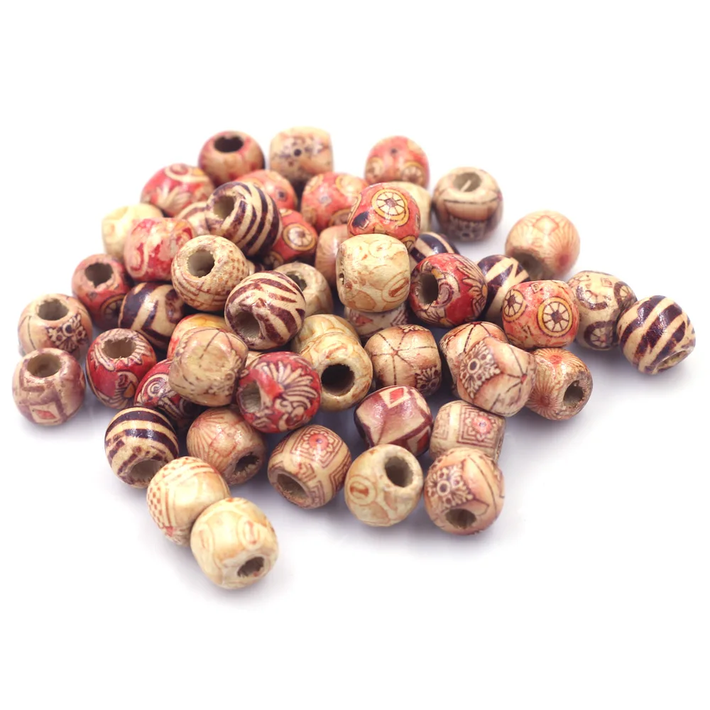 100PCS Mixed Pattern Round Wood European Spacer Beads 12x11mm DIY Jewelry Accessories Crafts Supplies Handmade Materials