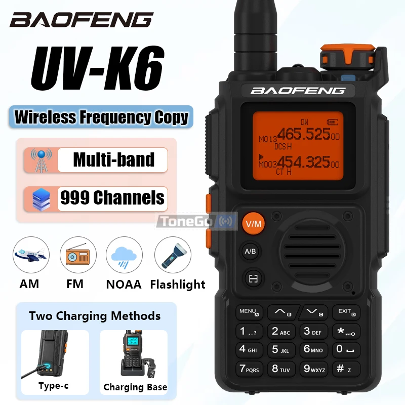 Baofeng UV-K6 Multi Band Walkie Talkie AM FM VHF UHF Type-C Wireless Copy Frequency Handheld Two Way Radio NOAA 999CH Flashlight