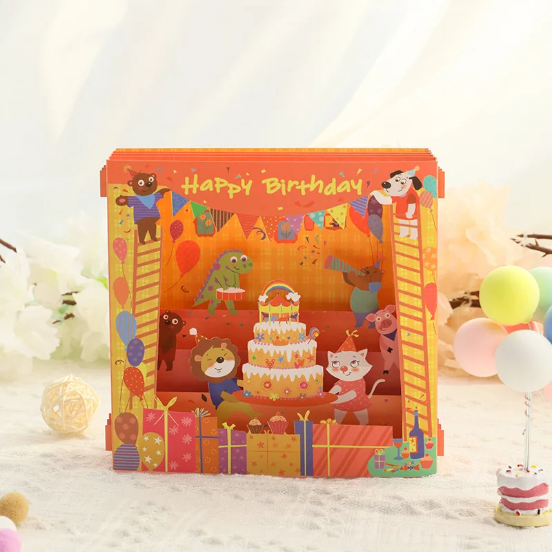 3D Happy Brithday Box Ornaments Thanks Greeting Cards Leave Message Holiday Wishes Cartoon Card Baby Shower Decor Gifts For Kids