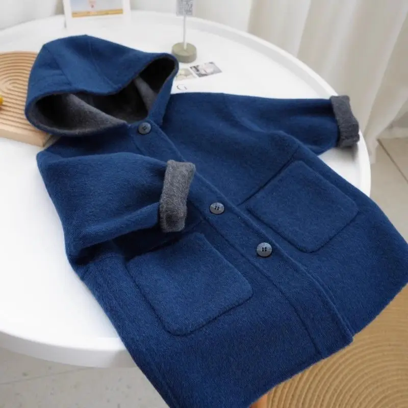 

Boys Woolen Coats Jackets Plus Thicken 2024 Blue Warm Velvet Winter Autumn Cotton High Quality Children's Clothing