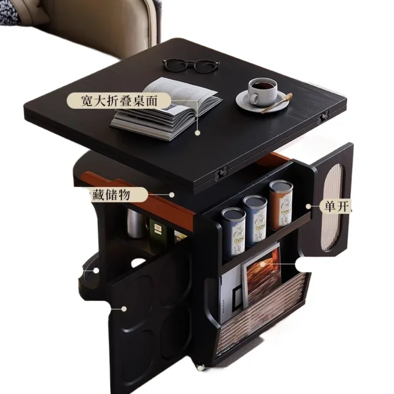 Sofa edge measuring cabinet French medieval movable folding trolley ash wood retractable rotating coffee table