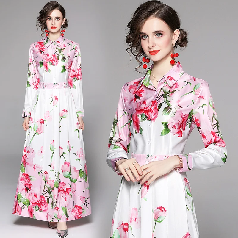 

YZZ Elegant Lady Pink Flower Long Dress Women Lapel Vintage Dress 2023 Fall Female Vestidos