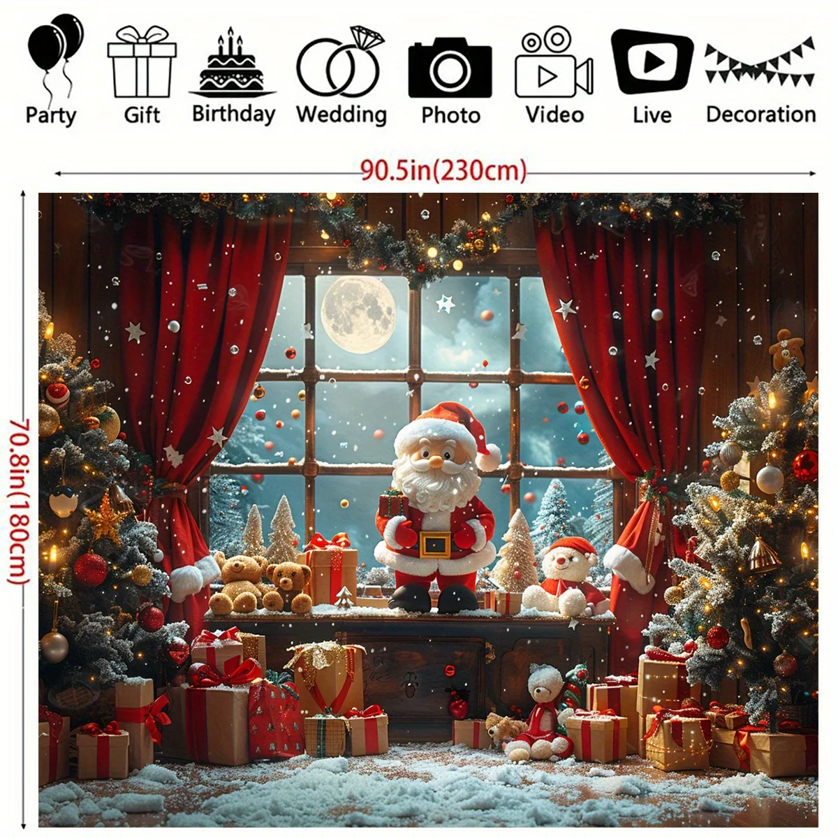 The Christmas tree theme photography background fabric is made of polyester material with Santa Claus home decoration background