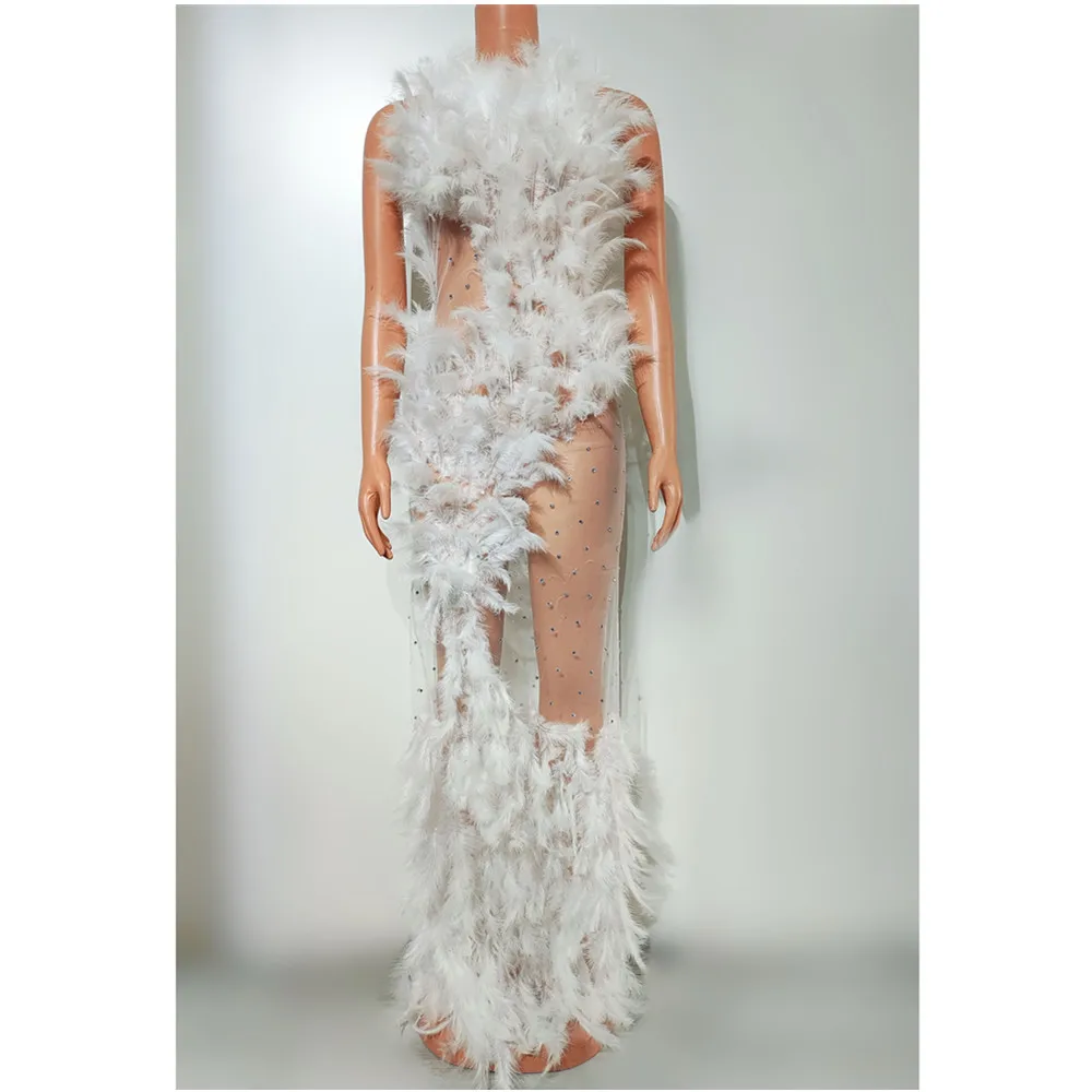 

White Feather See-through Dress, Performance Dress, Sexy Tulle, Celebrity Fashion Party Dress, Club Stage Dress